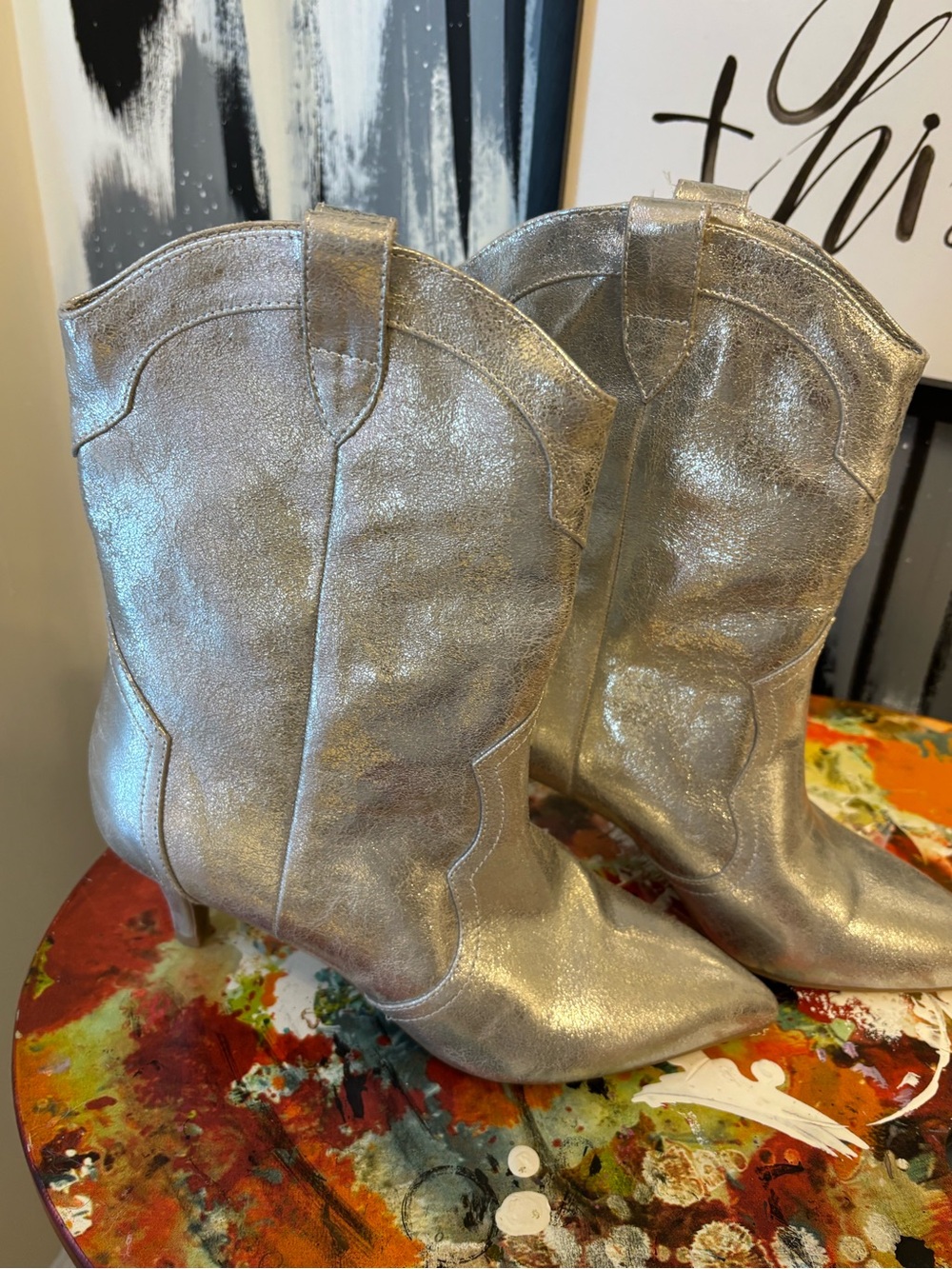 Dolce Vita Metallic Silver Western Ankle Boots